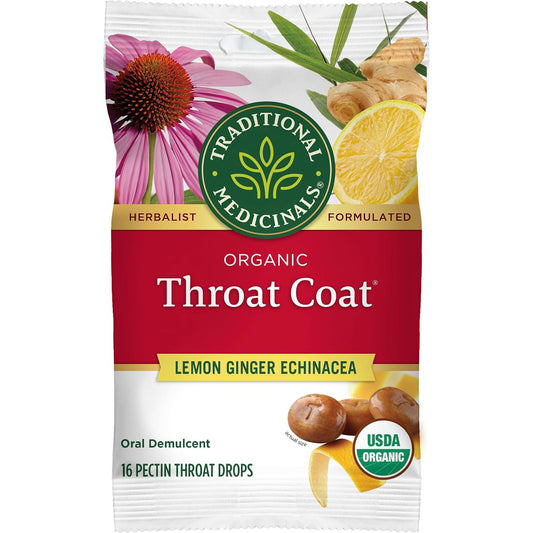 Traditional Medicinals Throat Coat Lemon Ginger Respiratory Support Lozenges