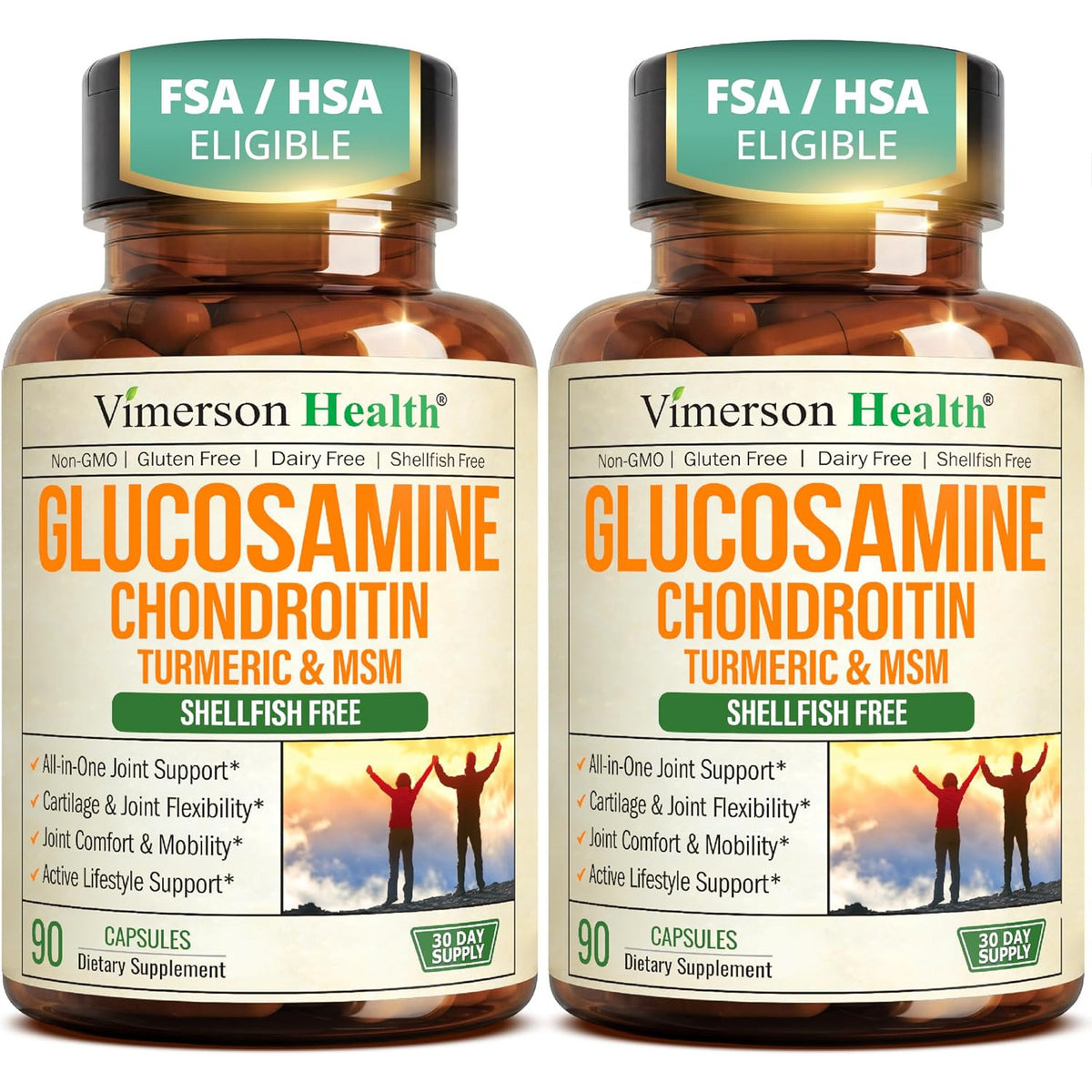 Vimerson Health Glucosamine Chondroitin MSM joint support supplement bottle with 90 capsules, showing label and supplement details.