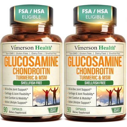 Vimerson Health Glucosamine Chondroitin MSM joint support supplement bottle with 90 capsules, showing label and supplement details.