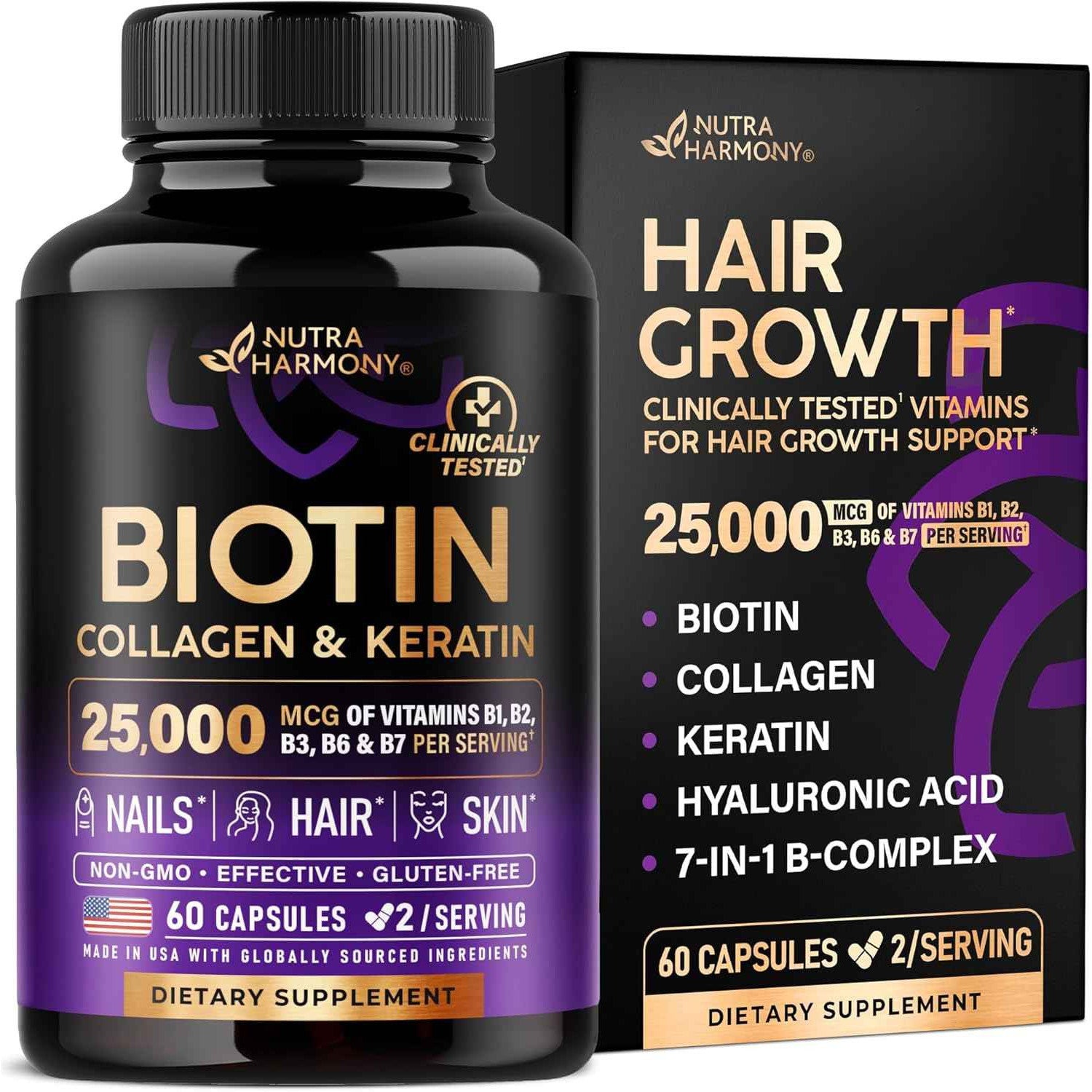 NutraHarmony Biotin Collagen Hyaluronic Acid Keratin Hair Growth Supplement 25000mcg