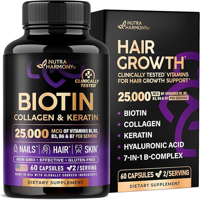 NutraHarmony Biotin Collagen Hyaluronic Acid Keratin Hair Growth Supplement 25000mcg