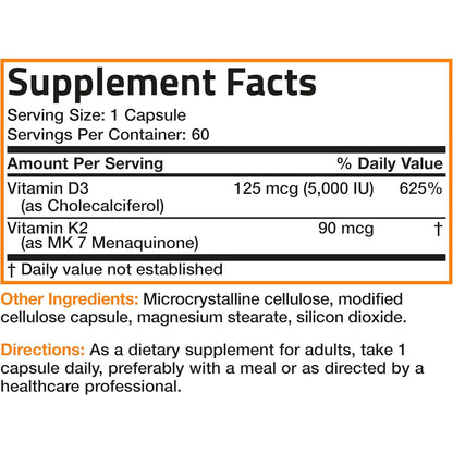 Bronson Vitamin K2 D3 (MK7) Supplement 5000IU 90mcg Capsules