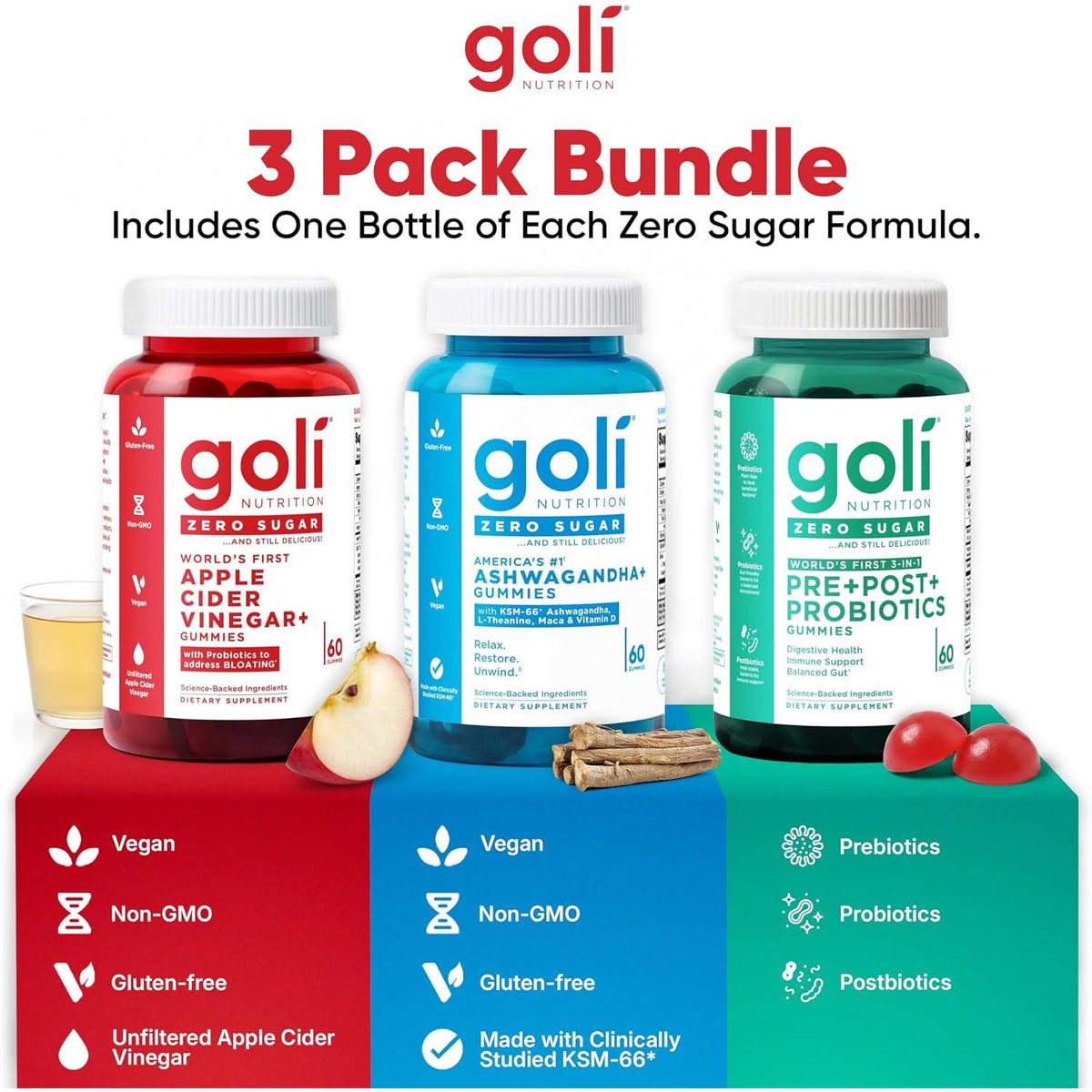 Goli Zero Sugar Trio Dietary Supplement Gummies