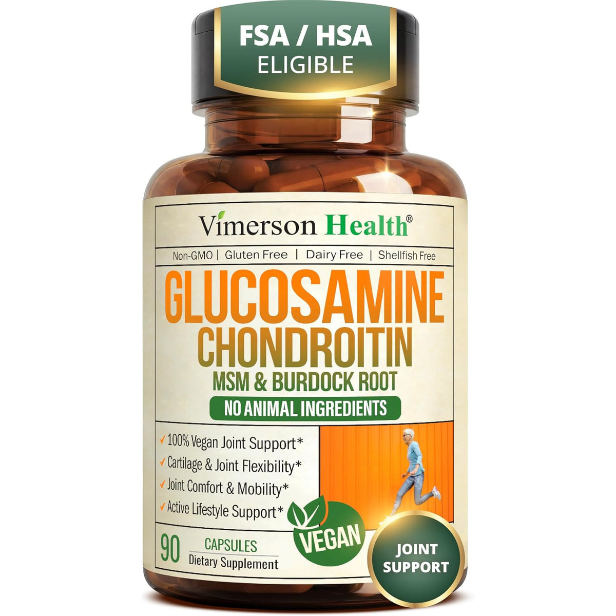Vimerson Health Glucosamine Chondroitin MSM joint support supplement bottles, with tablets visible on a white background.