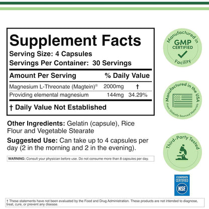 Double Wood Supplements Magnesium L-Threonate Capsules 2,000mg for Cognitive Support