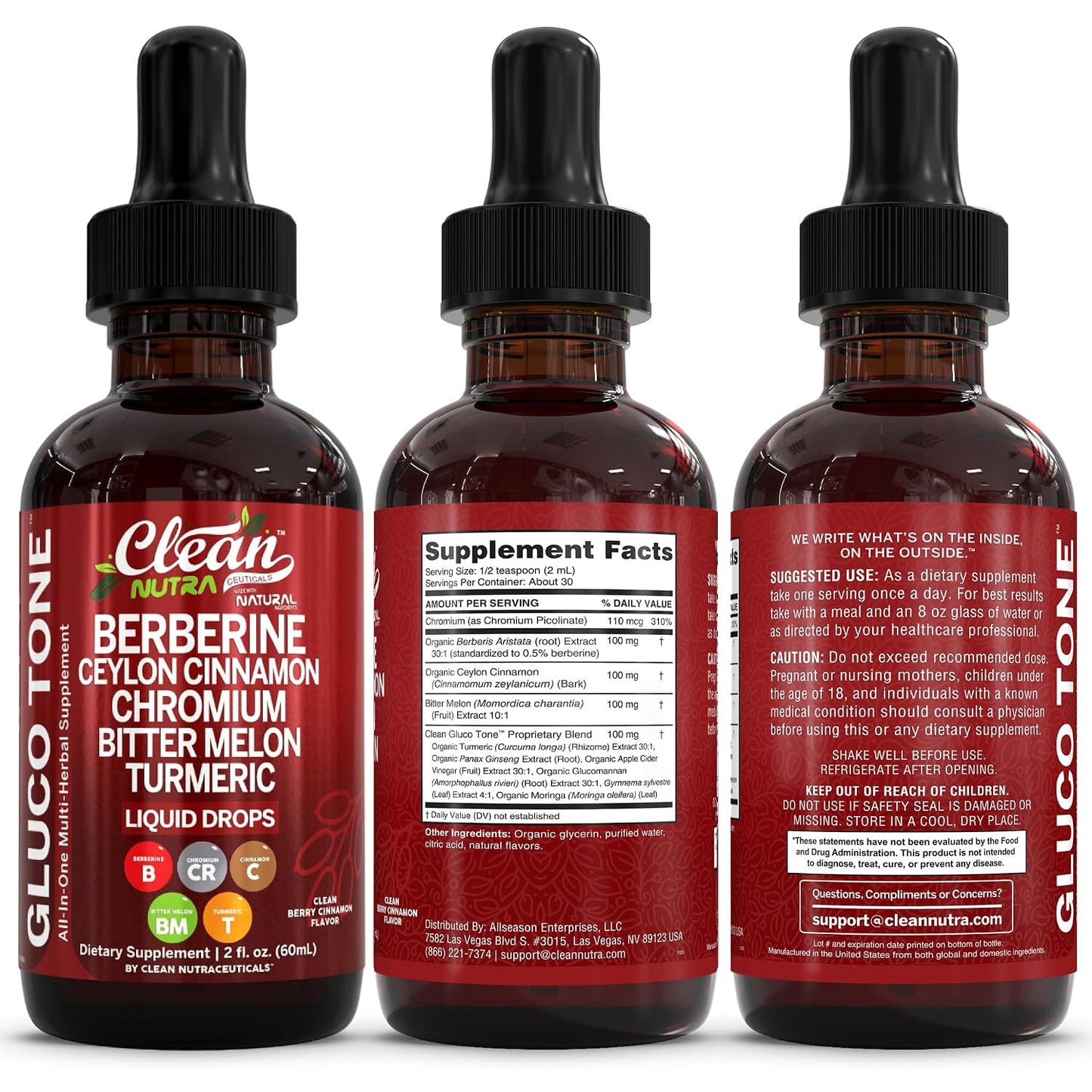 Clean Nutra Berberine with Ceylon Cinnamon Supplement Liquid Drops 2 fl oz