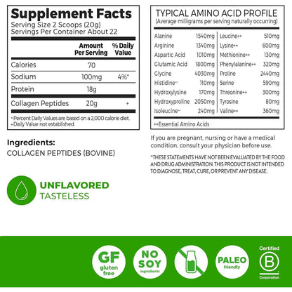 Orgain Hydrolyzed Collagen Peptides Powder 20g Grass Fed Unflavored 1lb