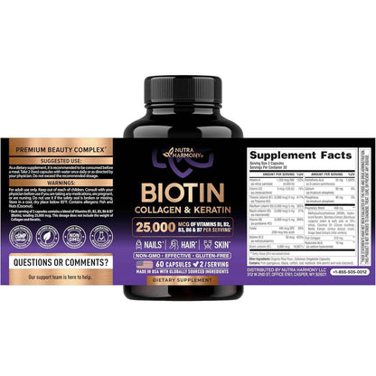 NutraHarmony Biotin Collagen Hyaluronic Acid Keratin Hair Growth Supplement 25000mcg