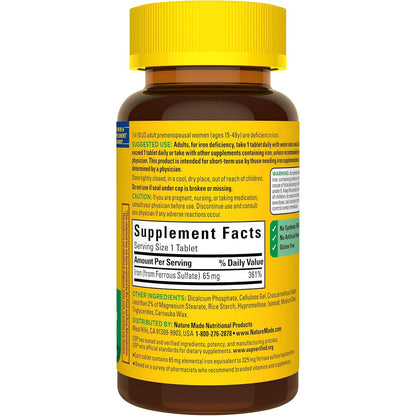 Nature Made Iron 65 mg Tablets Supplement for Red Blood Cell Support 180 Count