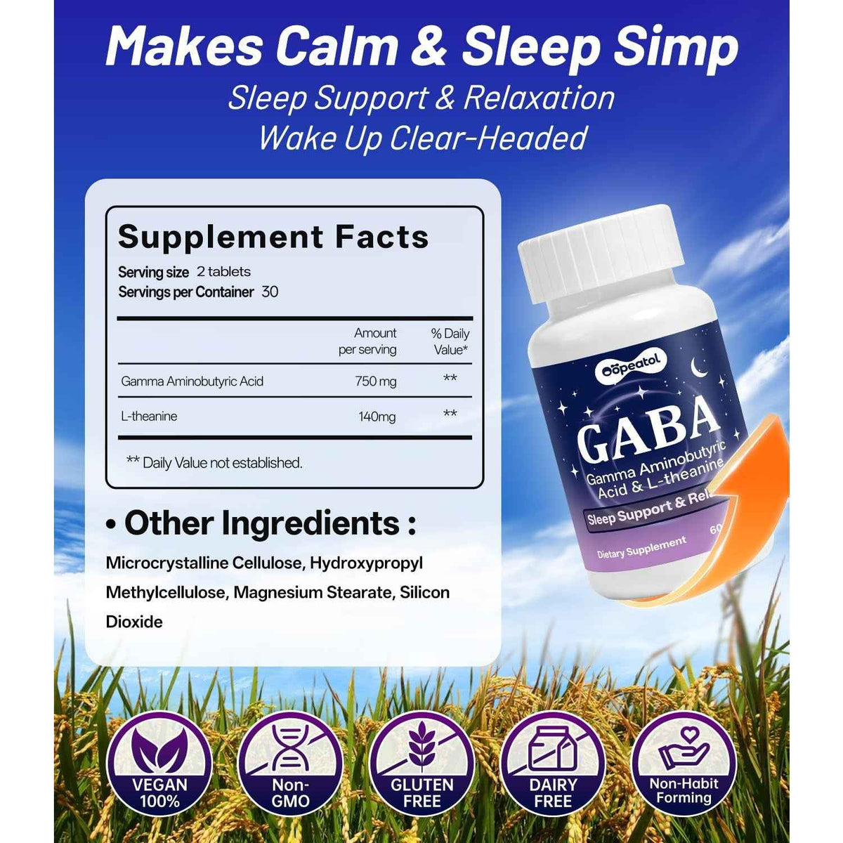 Oopeatol GABA L-Theanine Stress Sleep Mood Support Tablets 60 Count