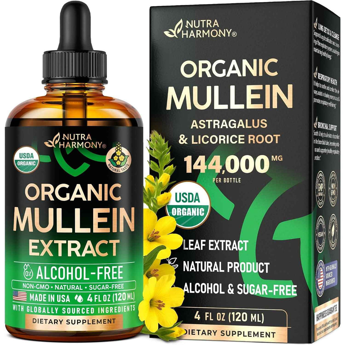 NUTRAHARMONY Mullein Drops for Lungs - USDA Organic Mullein Leaf Extract Liquid - 4 oz