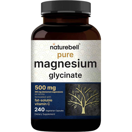 Naturebell Pure Magnesium Glycinate 500mg Chelated 240 Veggie Capsules