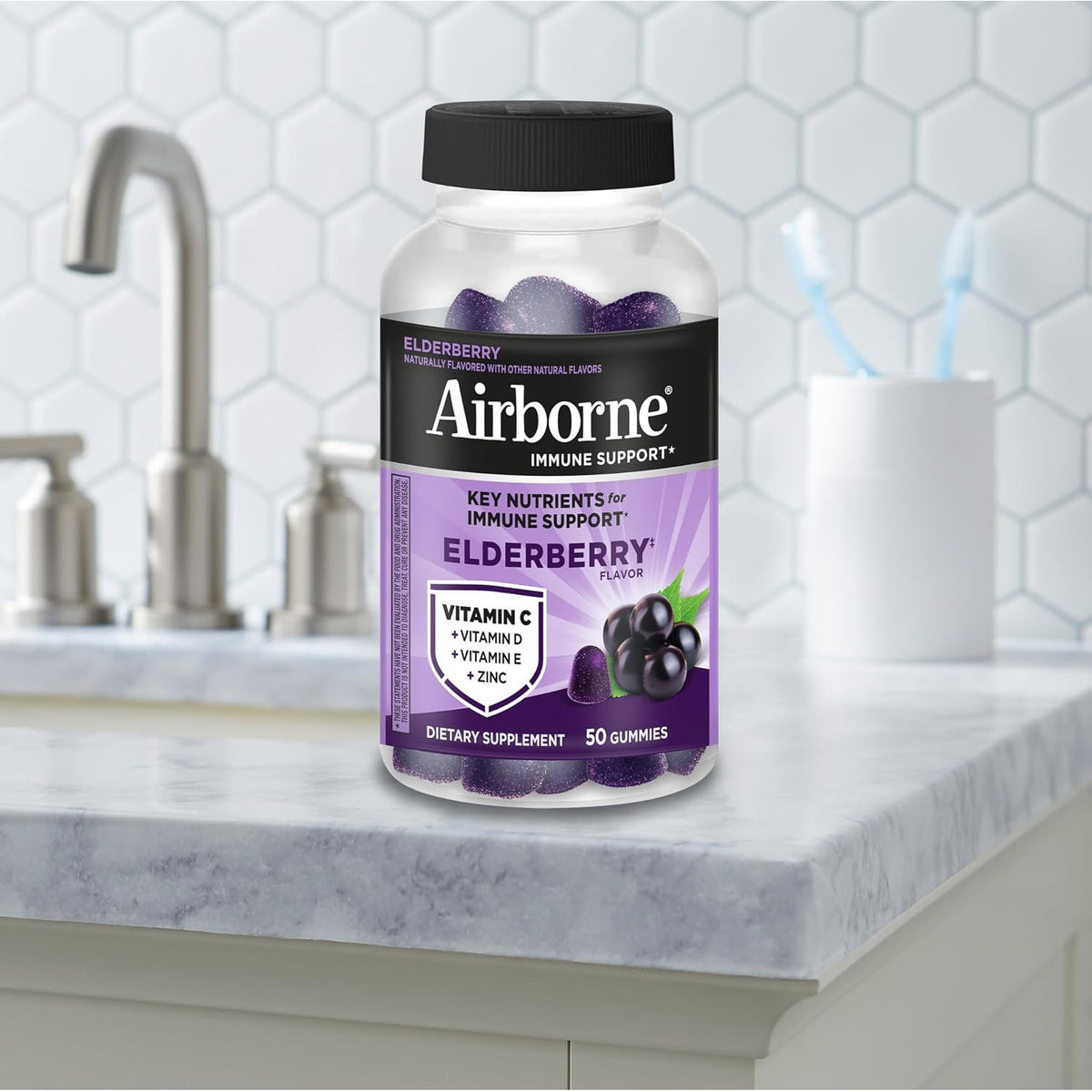 Airborne Elderberry Zinc Vitamin C Gummies Adults Immune Support 50 Count