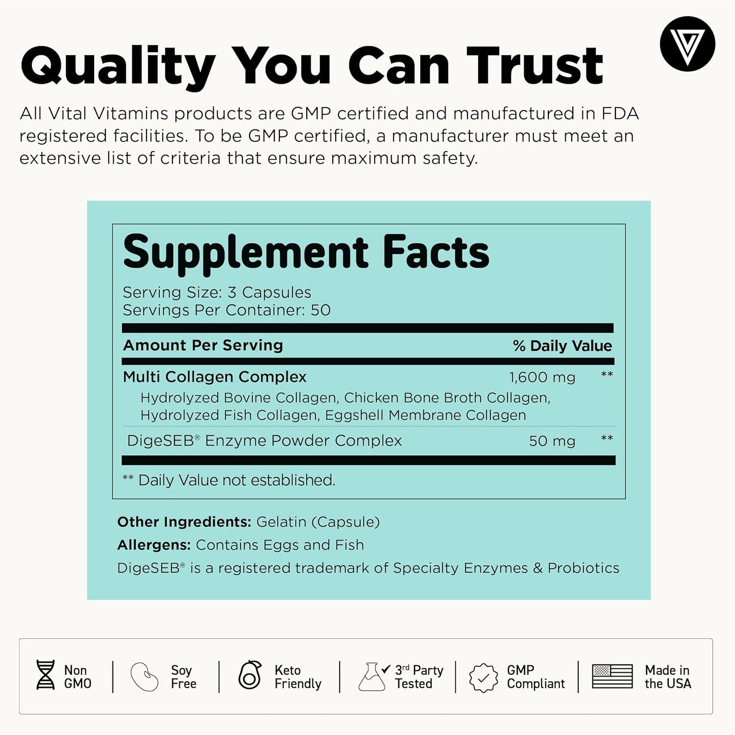 Vital Vitamins Multi Collagen Peptides Capsules Types I II III V X 150 Count