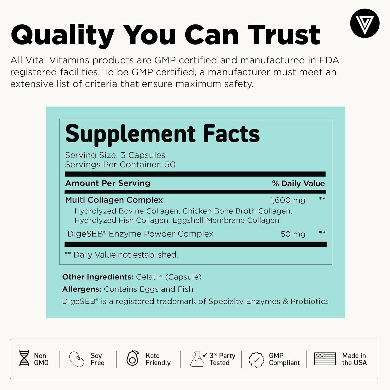 Vital Vitamins Multi Collagen Peptides Capsules Types I II III V X 150 Count