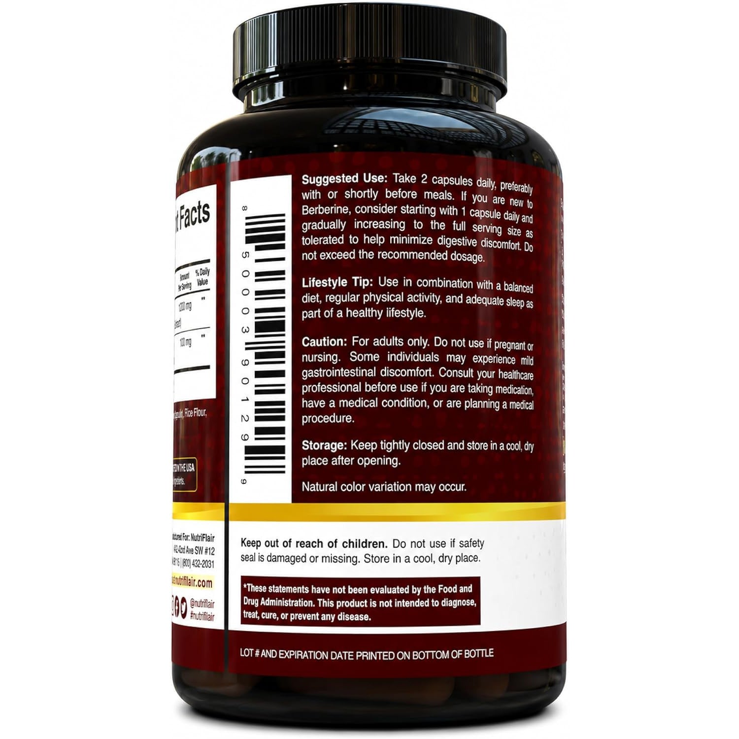 NutriFlair Berberine HCl 1200mg Plus Ceylon Cinnamon 120 Capsules