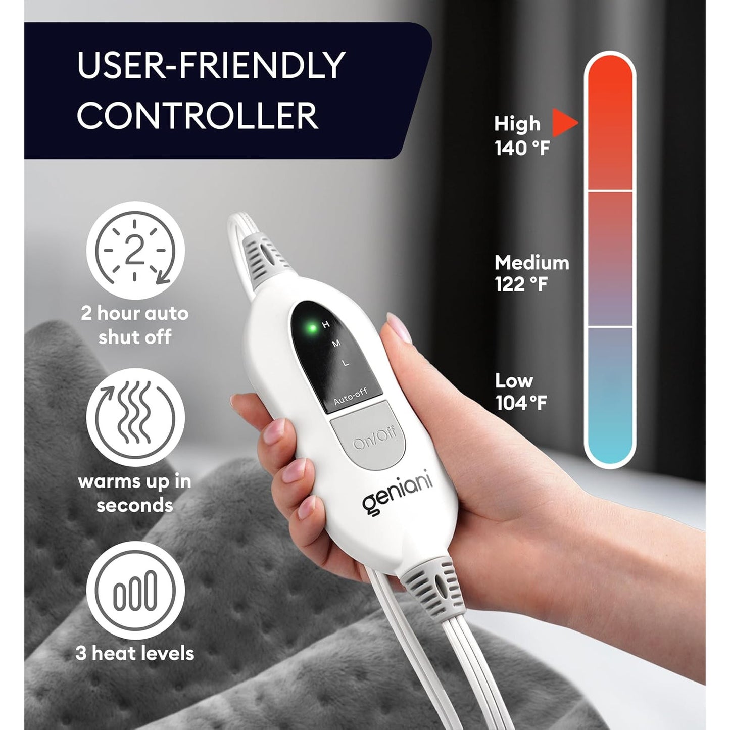 GENIANI Electric Heating Pad Microplush Auto Shut Off Machine Washable for Back Pain Cramps Neck Shoulder Relief