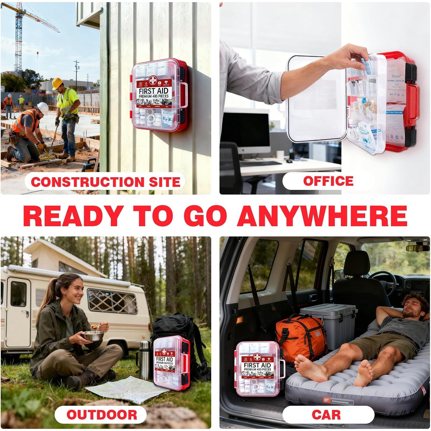 TLIEAO 400 Pieces All-Purpose First Aid Kit Organized Dual-Layer Wall 100-Person Professional Medical Kit for Home Car Camping Travel Office Outdoor Business Sports