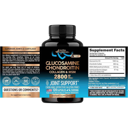Nutra Harmony Glucosamine Chondroitin MSM Collagen Joint Supplement 2800mg 120 Capsules