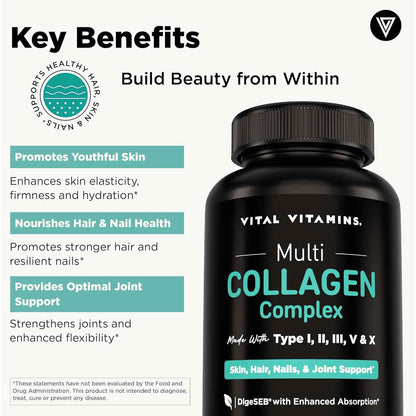 Vital Vitamins Multi Collagen Peptides Capsules Types I II III V X 150 Count