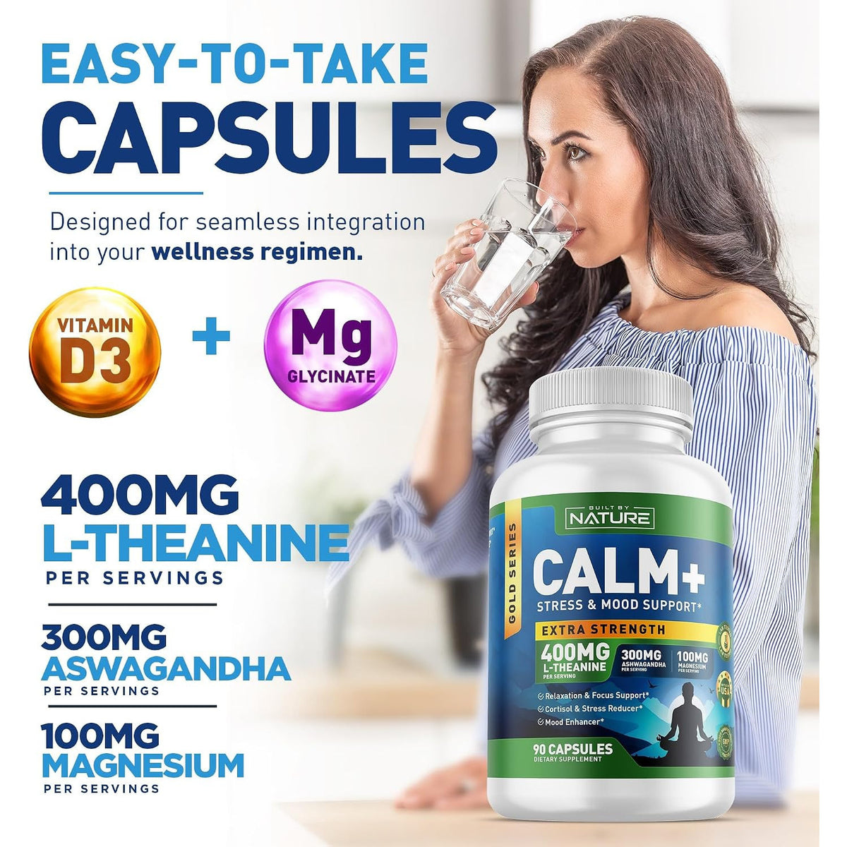 Built by Nature Calm+ Stress Mood Support Supplement Capsules 90 Count