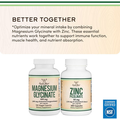 Double Wood Supplements Magnesium Glycinate 400mg Capsules 180 Count