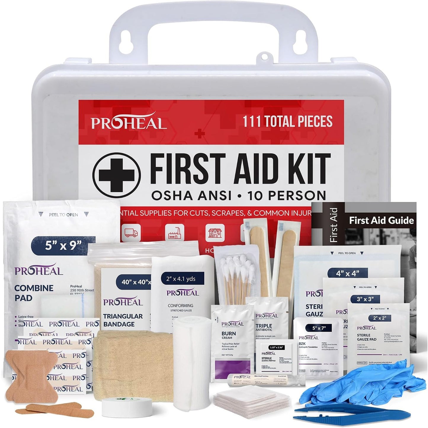 ProHeal OSHA Compliant First Aid Kit Type III ANSI Class A 111 Pieces Latex Free Wall Mountable for Car Home Office Truck Construction 10 Person