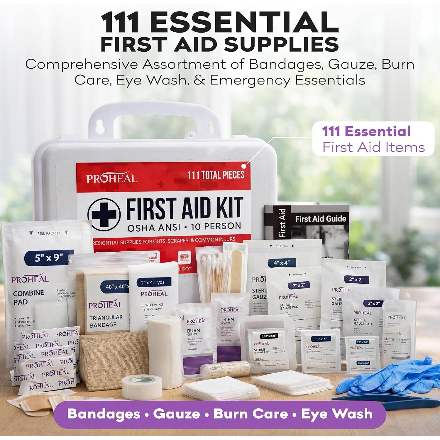 ProHeal OSHA Compliant First Aid Kit Type III ANSI Class A 111 Pieces Latex Free Wall Mountable for Car Home Office Truck Construction 10 Person