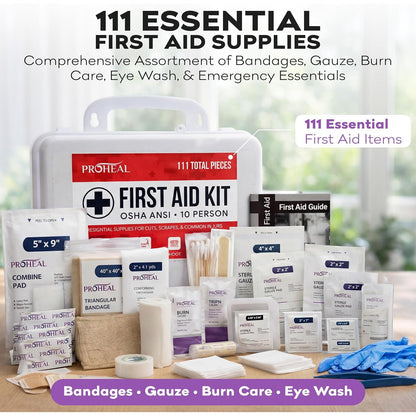 ProHeal OSHA Compliant First Aid Kit Type III ANSI Class A 111 Pieces Latex Free Wall Mountable for Car Home Office Truck Construction 10 Person
