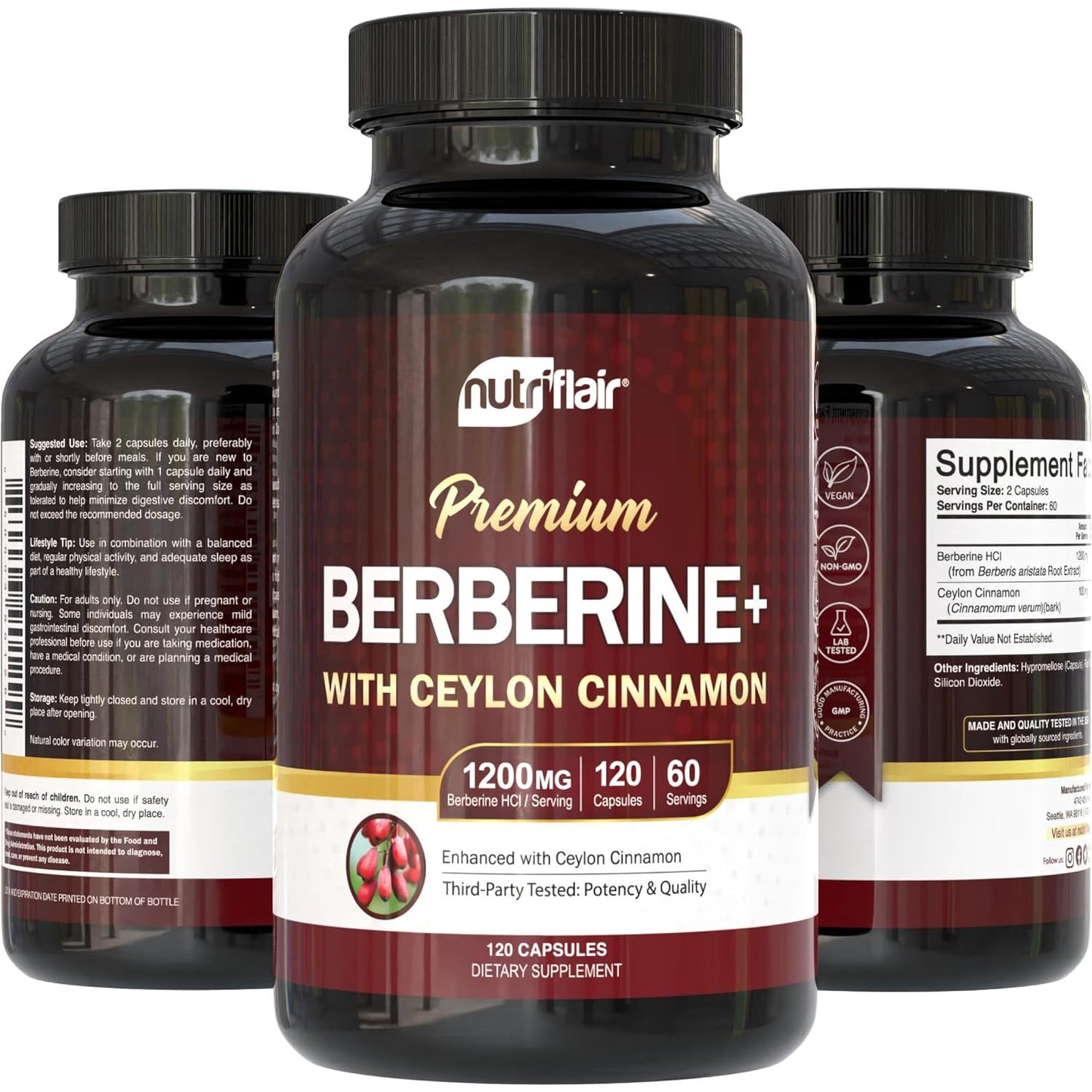 NutriFlair Berberine HCl 1200mg Plus Ceylon Cinnamon 120 Capsules