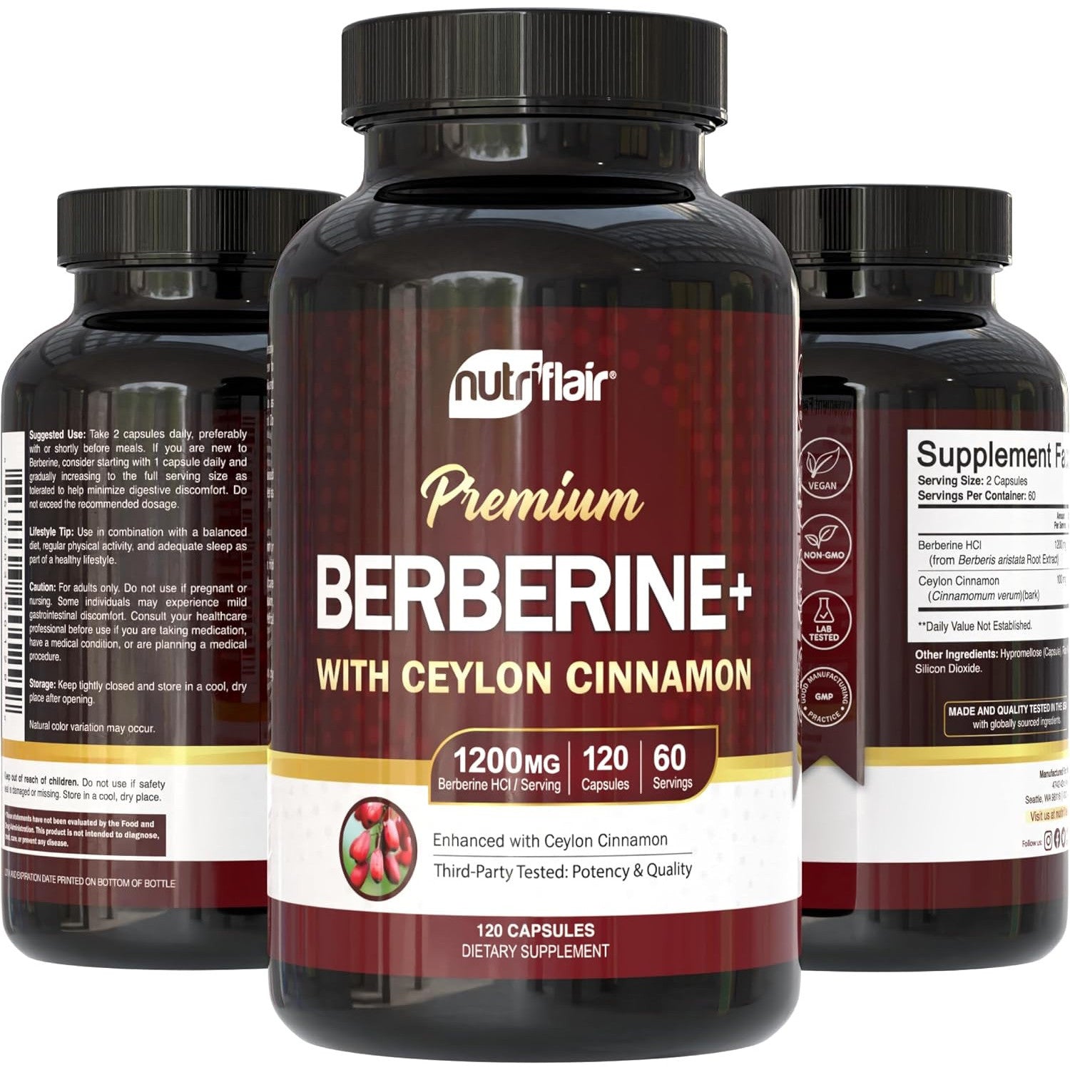 NutriFlair Berberine HCl 1200mg Plus Ceylon Cinnamon 120 Capsules