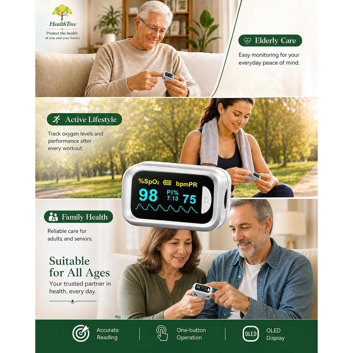 Healthtree JKS50B Fingertip Pulse Oximeter Blood Oxygen Saturation Monitor Heart Rate Fast SpO2 Reading OLED Screen with Lanyard and Batteries