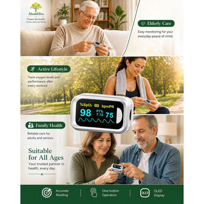 Healthtree JKS50B Fingertip Pulse Oximeter Blood Oxygen Saturation Monitor Heart Rate Fast SpO2 Reading OLED Screen with Lanyard and Batteries