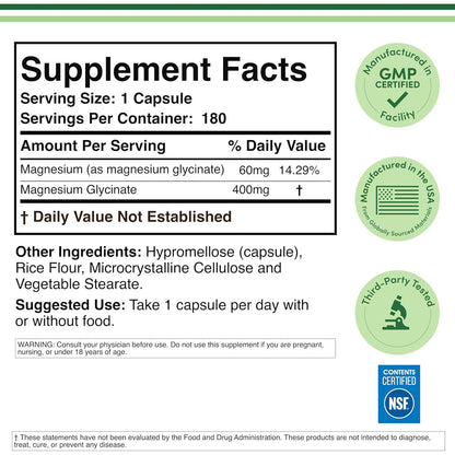 Double Wood Supplements Magnesium Glycinate 400mg Capsules 180 Count