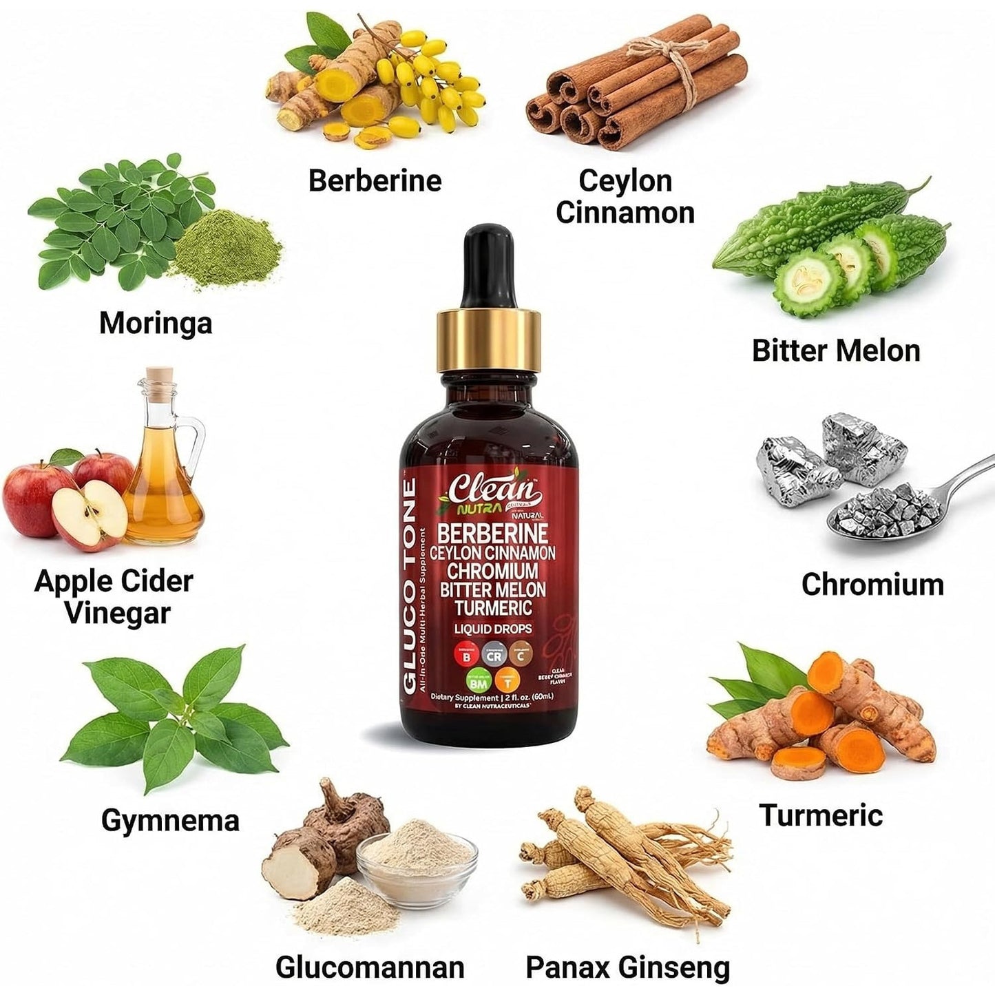 Clean Nutra Berberine with Ceylon Cinnamon Supplement Liquid Drops 2 fl oz