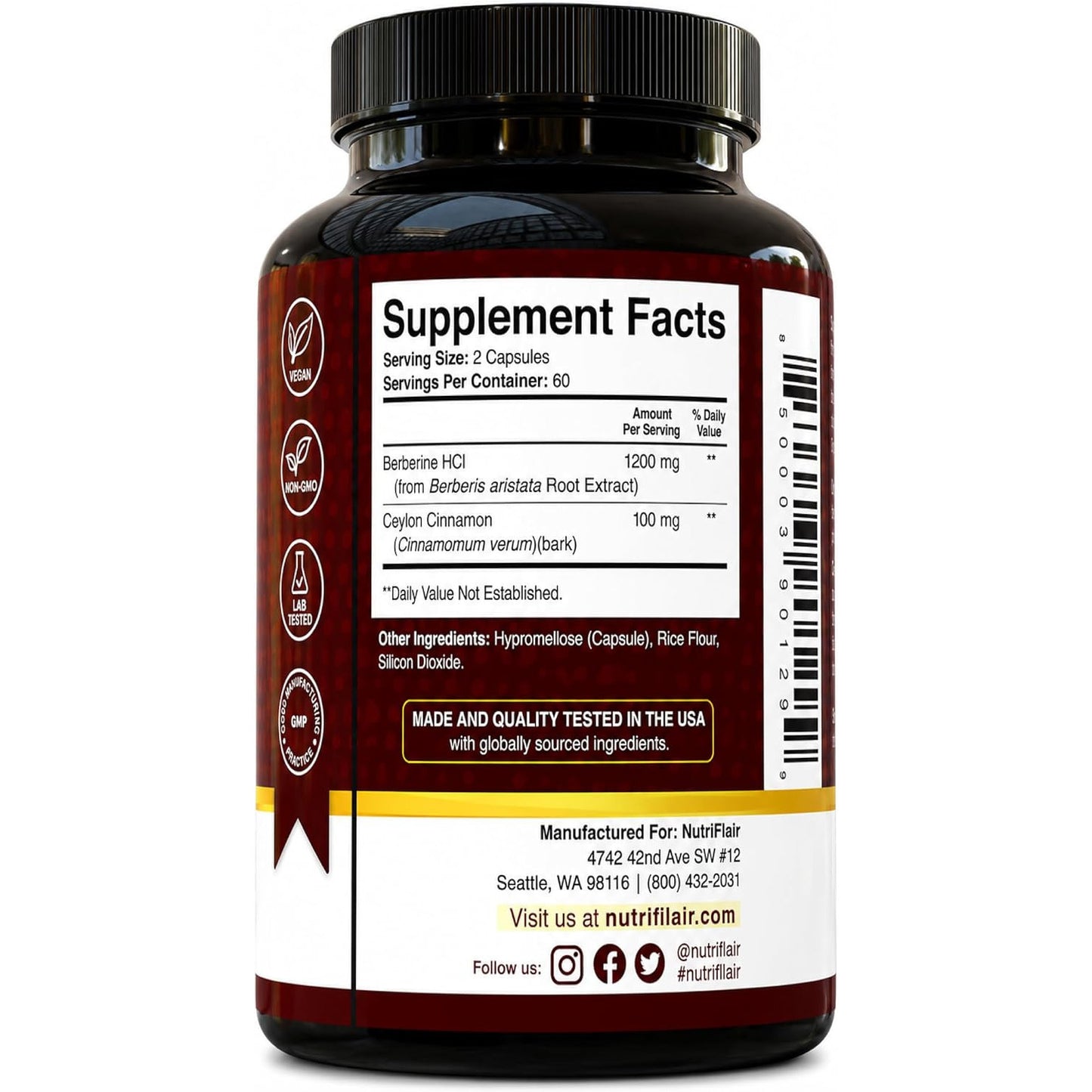 NutriFlair Berberine HCl 1200mg Plus Ceylon Cinnamon 120 Capsules