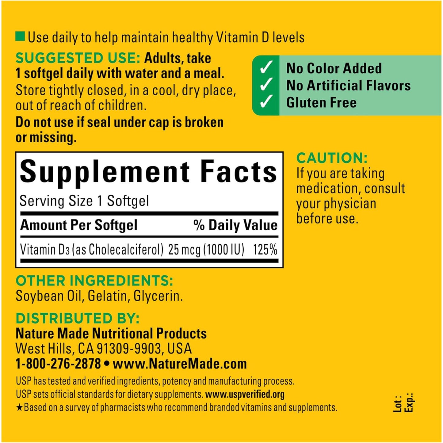 Nature Made Vitamin D3 1000 IU Supplement, 300 Softgels