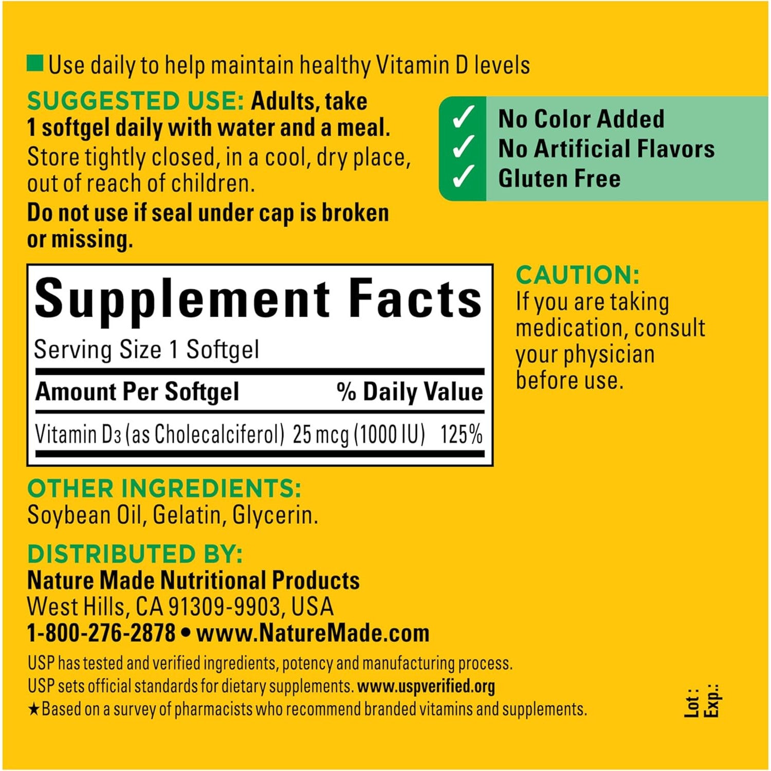 Nature Made Vitamin D3 1000 IU Supplement, 300 Softgels