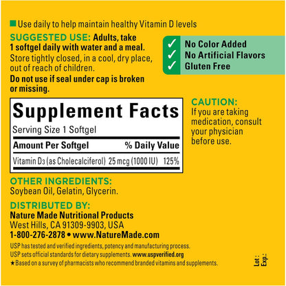 Nature Made Vitamin D3 1000 IU Supplement, 300 Softgels