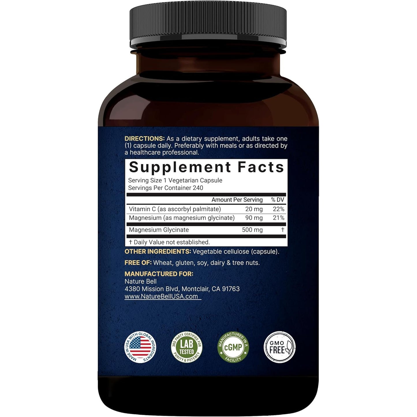 Naturebell Pure Magnesium Glycinate 500mg Chelated 240 Veggie Capsules