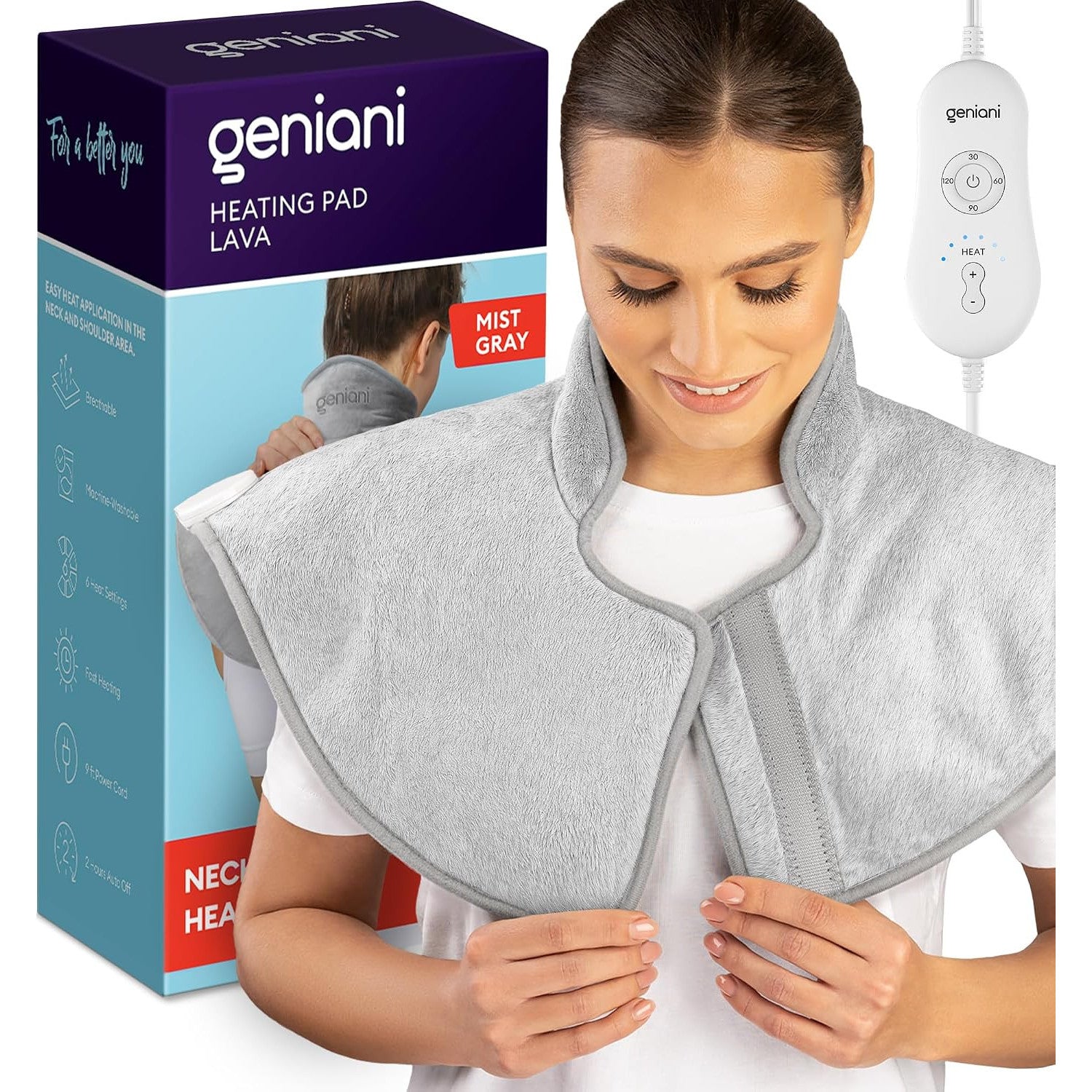 GENIANI Electric Heating Pad Microplush Auto Shut Off Machine Washable for Back Pain Cramps Neck Shoulder Relief