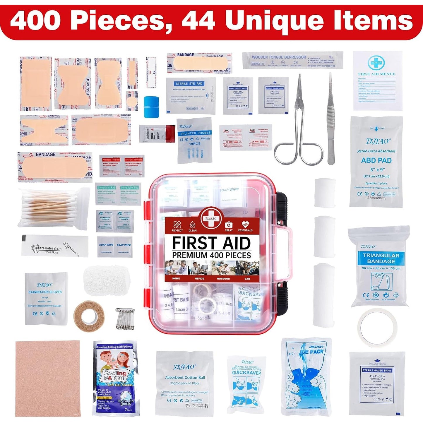 TLIEAO 400 Pieces All-Purpose First Aid Kit Organized Dual-Layer Wall 100-Person Professional Medical Kit for Home Car Camping Travel Office Outdoor Business Sports