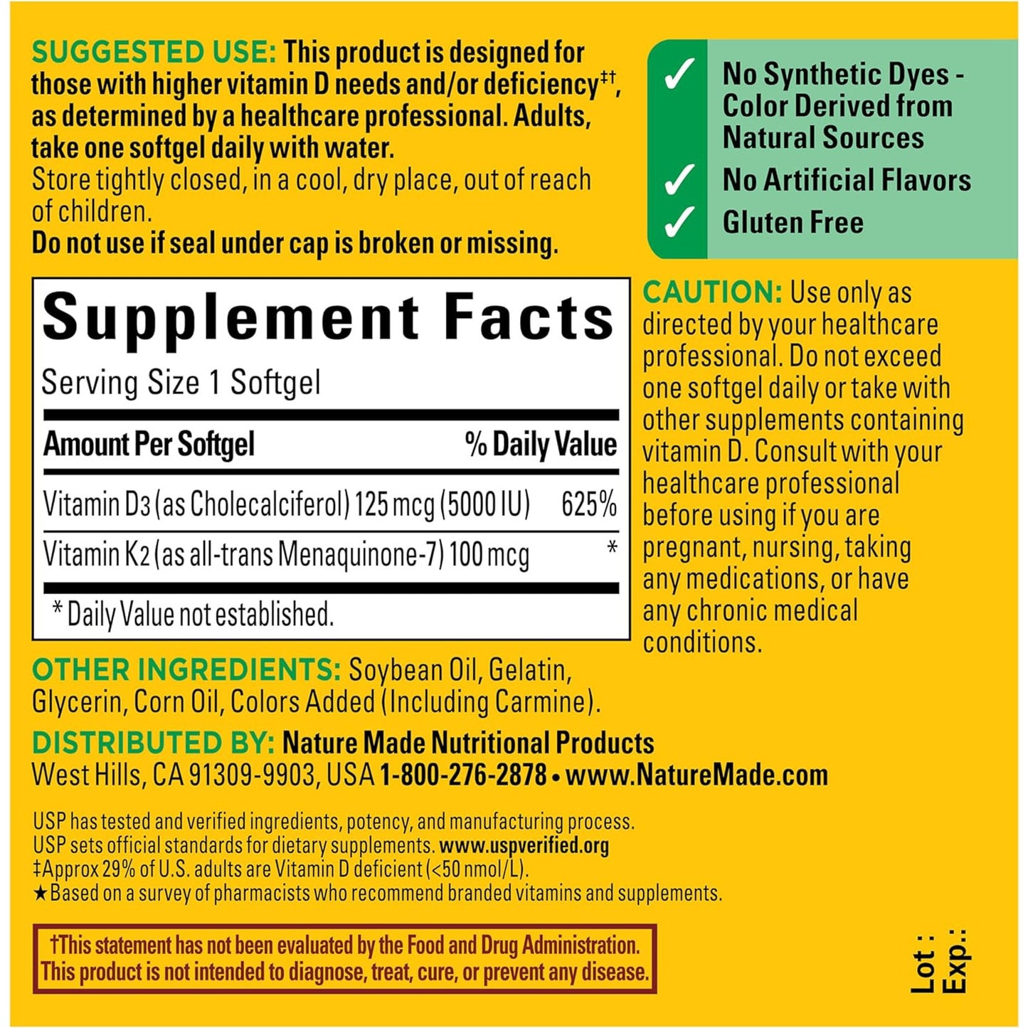 Nature Made Vitamin D3 K2 Supplement 5000 IU 30 Softgels