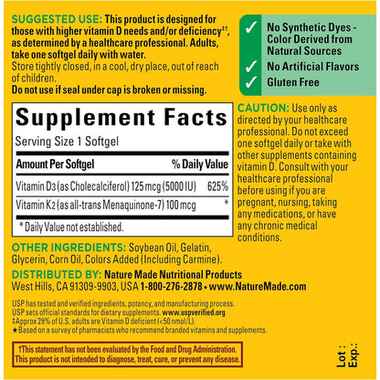 Nature Made Vitamin D3 K2 Supplement 5000 IU 30 Softgels