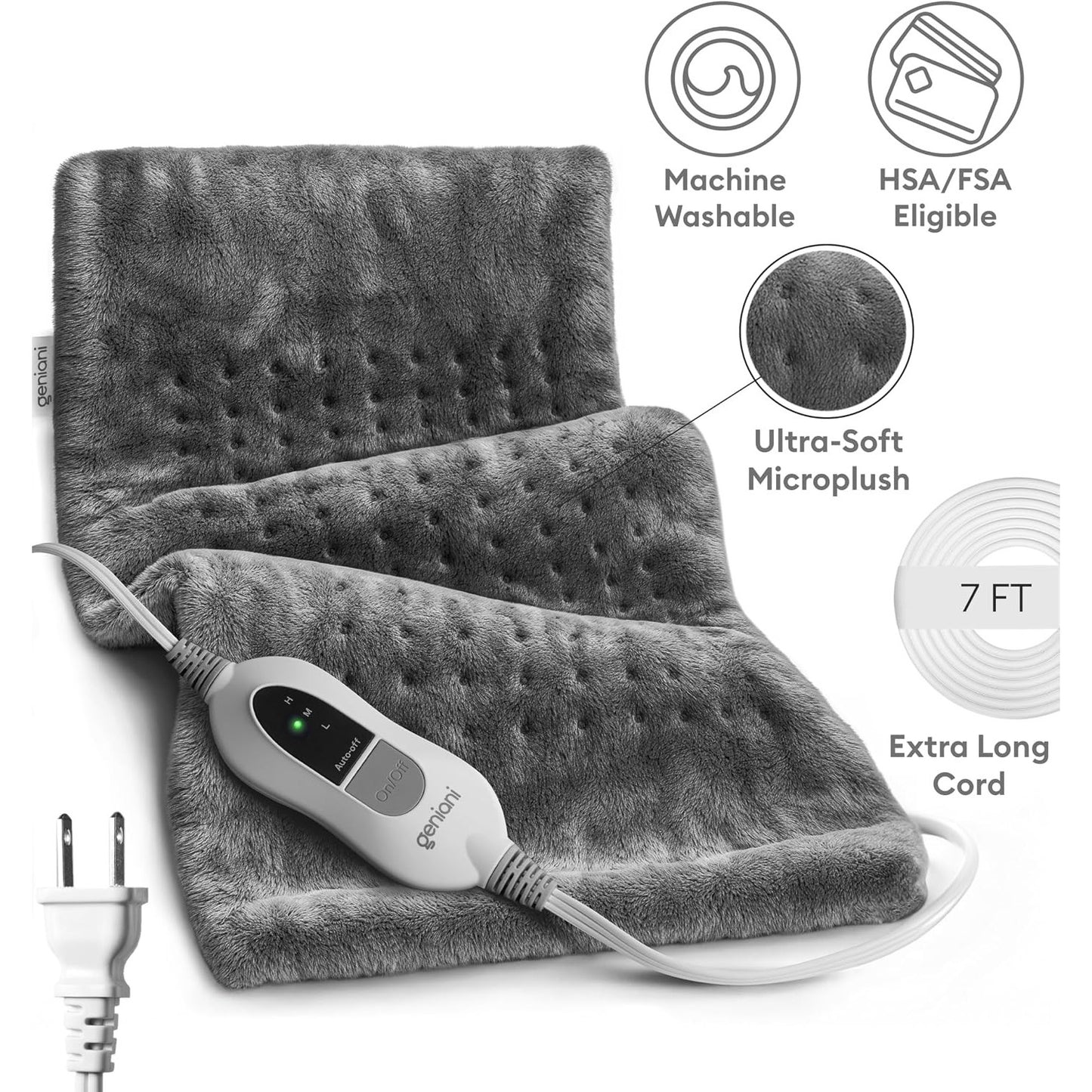 GENIANI Electric Heating Pad Microplush Auto Shut Off Machine Washable for Back Pain Cramps Neck Shoulder Relief