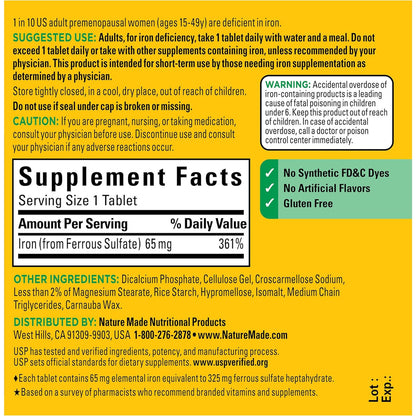 Nature Made Iron 65 mg Tablets Supplement for Red Blood Cell Support 180 Count
