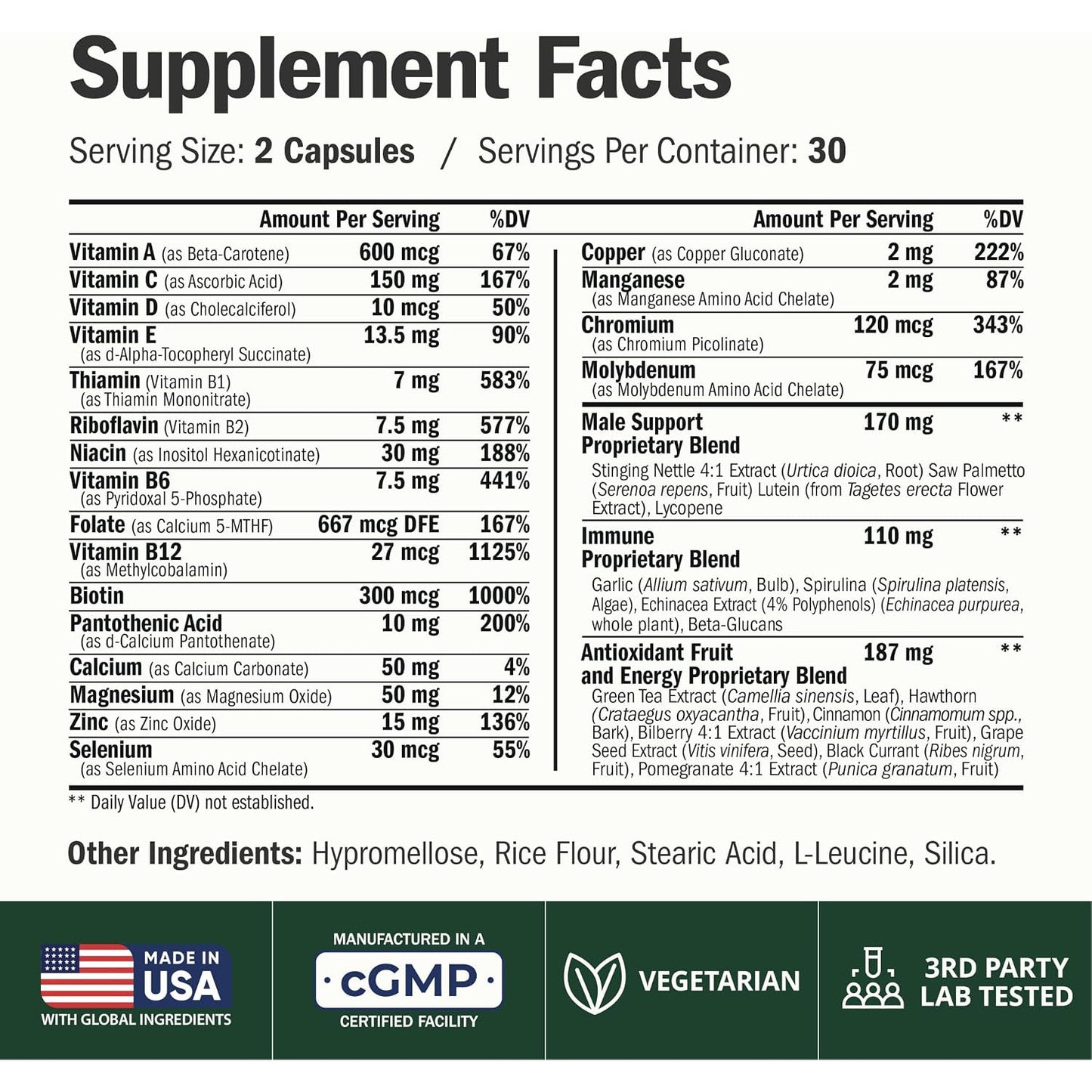 Vimerson Health Multivitamin for Men Methylated B Vitamins Chelated Minerals 60 Capsules