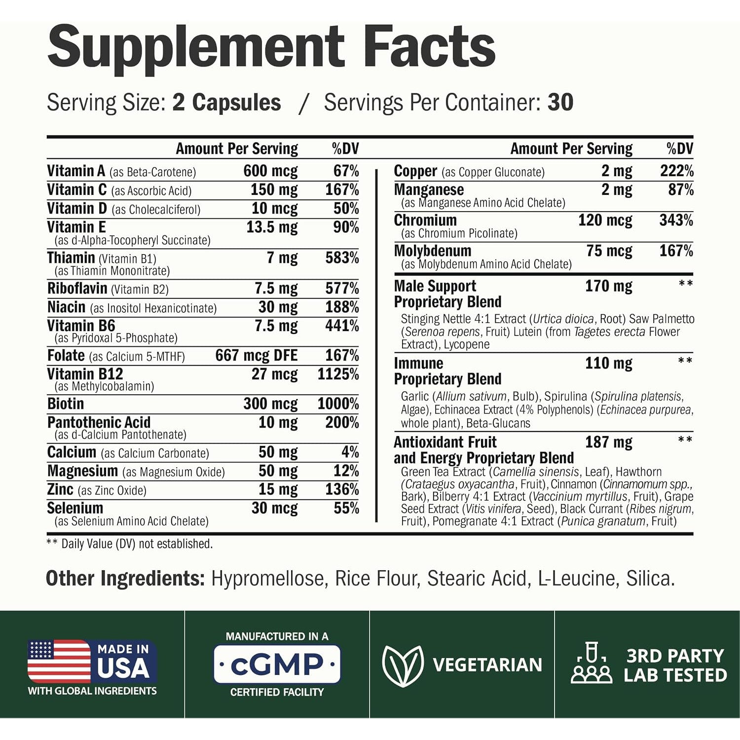 Vimerson Health Multivitamin for Men Methylated B Vitamins Chelated Minerals 60 Capsules