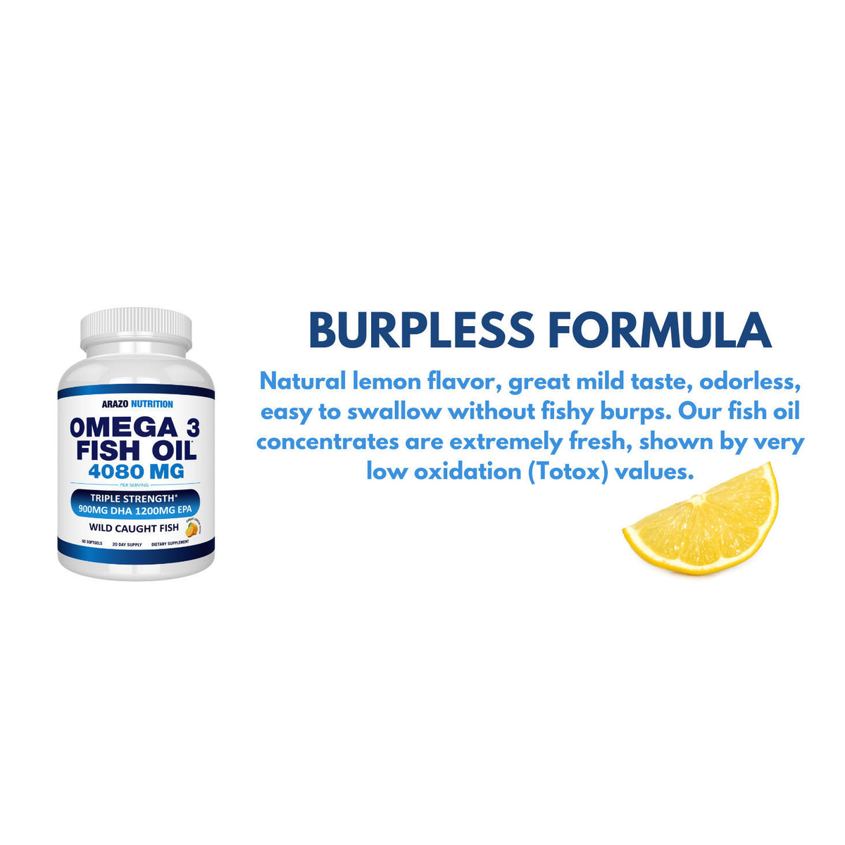Arazo Nutrition Wild Caught Omega-3 Fish Oil Softgels with lemon flavor, 4080mg EPA DHA, 120 count, supplement for heart health.