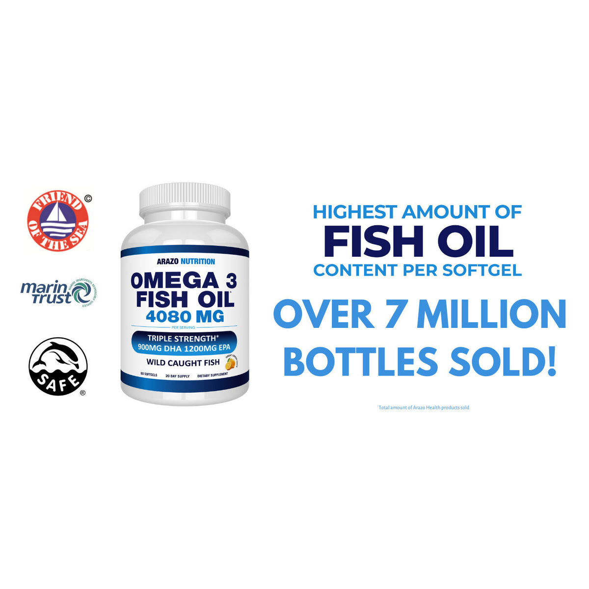 Arazo Nutrition Lemon Softgels with wild caught Omega-3 Fish Oil concentrate, 4080mg EPA and DHA, 120-count supplement.